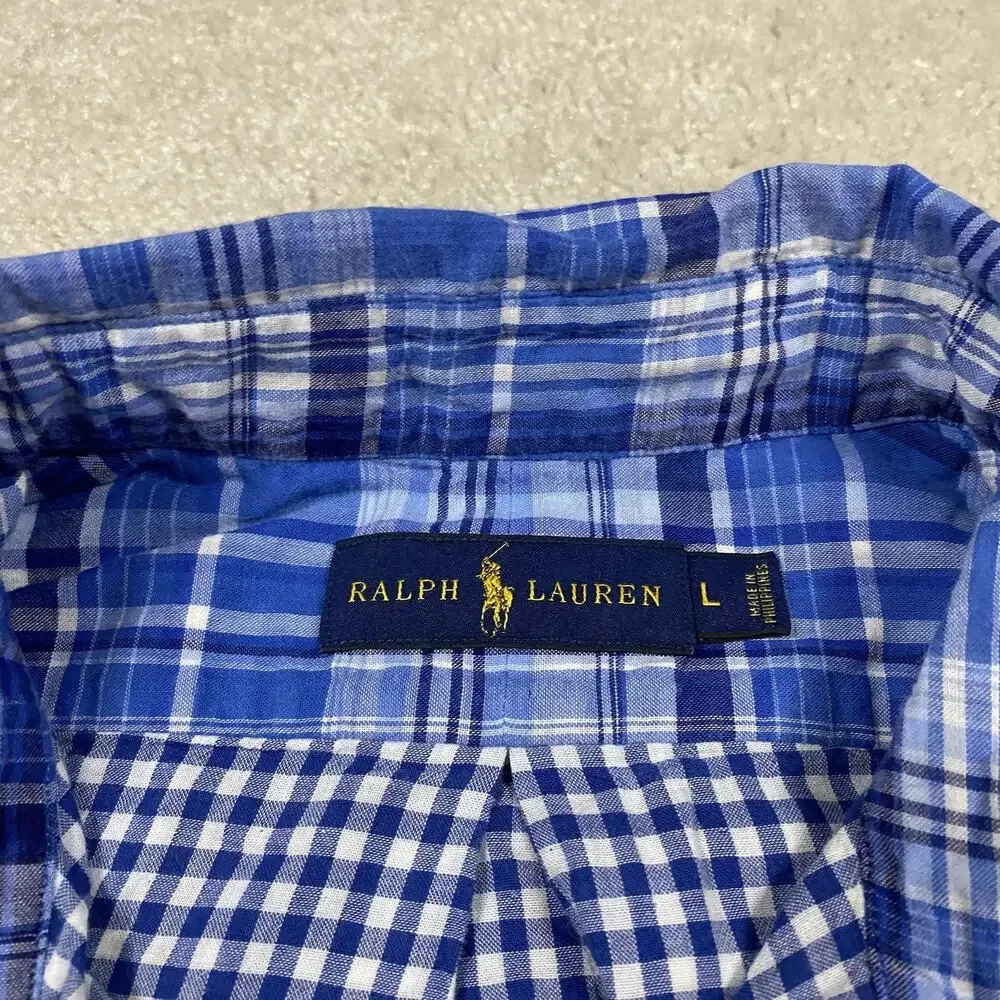 Polo Ralph Lauren Shirt Mens L Blue Plaid Gingham Button Down Pony Double Face